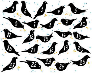 Advent calendar with birds on snow