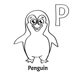 Vector alphabet letter P, coloring page. Penguin