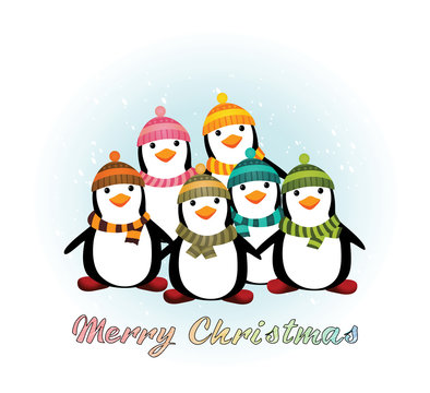 Christmas background with cartoon penguines