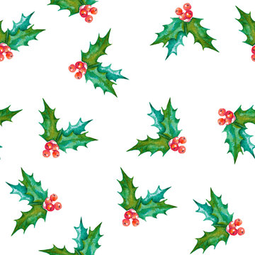 Watercolor seamless pattern with Christmas symbol. Hand painted illustration of holly branches with leaves and berries. New Year texture