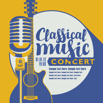 Vector poster for a concert of classical music with a microphone, acoustic guitar, inscription and place for text. Template for flyers, banners, invitations, brochures and covers in retro style.