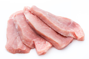 Fresh pork fillet with basil on a white background.