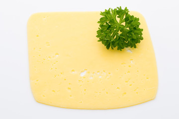 Cheese slices on the white background.