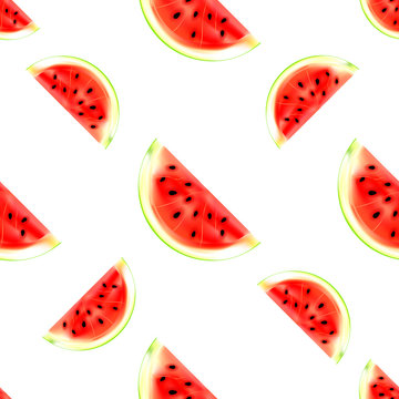 Watermelon slices seamless pattern. Vector illustration of summer fruit isolated on white background. Can be used for printing on textile, pattern fills, textures or gift wrap and wallpapers