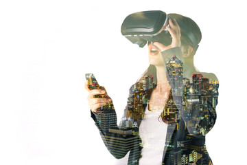 Young woman playing virtual reality game. Double exposure.