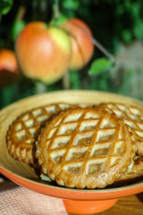 Traditional Dutch autumn apple filled cookies server in the garden under apple tree with big ripe apples