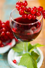 Fresh ripe red currant berries and liqueur on the table