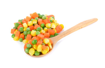 Mix of vegetable containing carrots, peas, and corn on white background