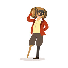 Pirate sailor character with wooden leg holding wooden barrel of rum vector Illustration