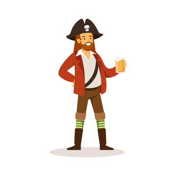 Pirate sailor character with wooden leg holding glass of rum vector Illustration