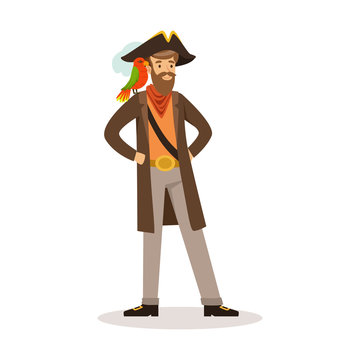 Pirate sailor character with a parrot on his shoulder vector Illustration