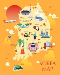 Traveling to korea by landmrks icon map illustration - obrazy, fototapety, plakaty