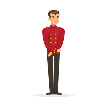 Smiling concierge or porter character wearing red double breasted uniform, hotel staff vector Illustration