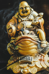 Burning incense sticks with laughing golden Buddha on the toad