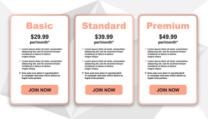 Tariff plan templates set, vector illustration. Elegant white price list, pink frame, geometric trendy triangles background. Package cost compare conceptual banner.