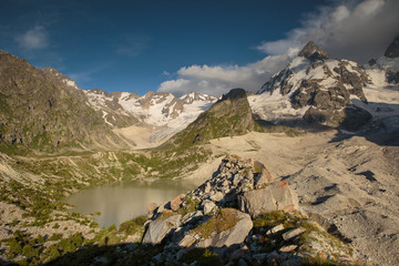 Russia, Republic of Kabardino-Balkaria, time lapse. Summer in the mountains of the Caucasus. Formation and movement of clouds over mountains peaks.
