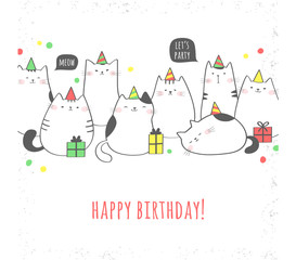 Happy birthday greeting card with cute cats and gifts. Birthday party. Vector illustration - 171424713