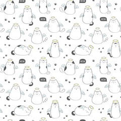 Seamless vector pattern with funny angel cats. Vector illustration