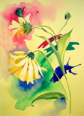 watercolor illustration with flowers of Jerusalem artichoke