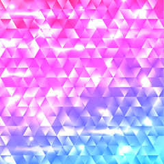 Glowing rainbow geometric gradient triangle mosaic background. Template for cover, brochure, flyer, banner, poster. Abstract electric colorful vector backdrop with flares and sparkles.