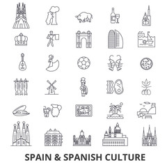 Spain, barcelona, madrid, spanish, flamenco, mediterrian line icons. Editable strokes. Flat design vector illustration symbol concept. Linear signs isolated on white background - obrazy, fototapety, plakaty