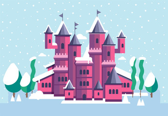 Fototapeta na wymiar Vector illustration for children with fairy pink castle and winter landscape