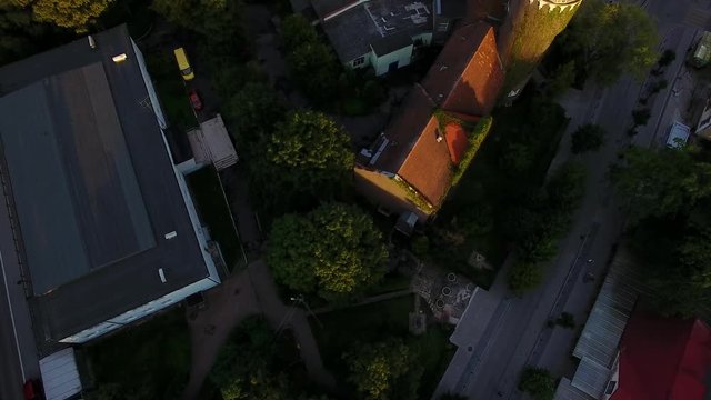 Top view of the Water Tower of Svetlogorsk in sunset