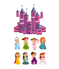 Princesses vector set cute collection of beautiful characters. Adorable elegance style little fairy girls with pink castle.