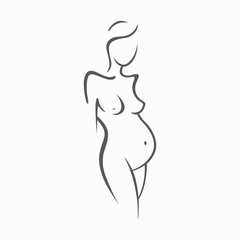 Drawing linear beautiful pregnant girl. Gynecological medicine stock illustration. Silhouettes of women Graphic vector icon