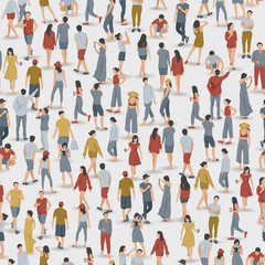 Crowd of People in Seamless Pattern on White Background : Vector Illustration