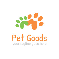 Vector logo template for pet shop,  veterinary clinic. Creative idea for animal feed. Illustration of traces of  pets with silhouette of cat's head. EPS10.
