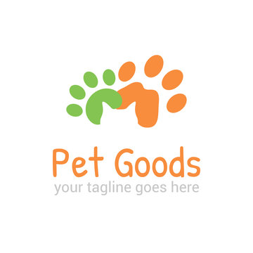 Vector logo template for pet shop,  veterinary clinic. Creative idea for animal feed. Illustration of traces of  pets with silhouette of cat's head. EPS10.