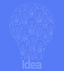 Contour illustration of bulbs in the form of a large light bulb on a blue background. Idea. Vector element for your design