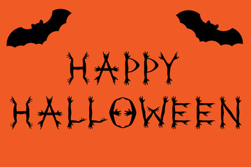 Inscription HAPPY HALLOWEEN with bat silhouettes. Concept font made of corpse hand shadows. Zombie poster and greeting card template. Orange and black color.