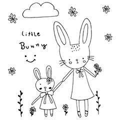 Cute little bunny hold hand together vector design.
