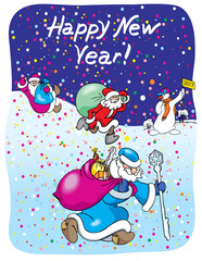 Three Santa Claus running with gifts to race and a snowman-judge, a postcard to the new year.