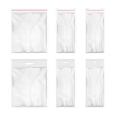 Blank transparent plastic bag template. Set of White packaging with hang slot. Mockup Vector illustration