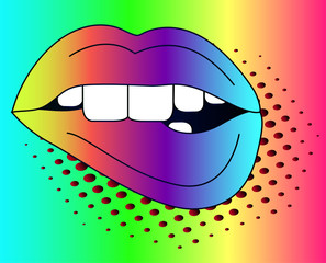 neon pop art lips - a kiss. Bright and stylish cartoon poster