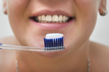 Ready for clening teeth, toothbrush and toothpaste close up