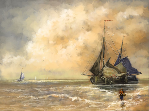 Oil paintings landscape,sea, ships, boat