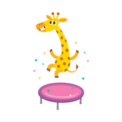 Fototapeta na wymiar vector flat cartoon cheerful giraffe character jumping on trampoline wearing party hat happily smiling. isolated illustration on a white background. Animals party concept