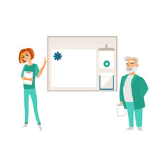 vector flat cartoon female doctor with clipboard, adult grey-haired head physician in green medical clothing with smiling, information board set. Isolated illustration on a white background