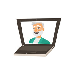 vector flat cartoon adult male grey-haired doctor, head physician in green medical clothing smiling avatar in laptop. Isolated illustration on a white background. Internet consultation concept