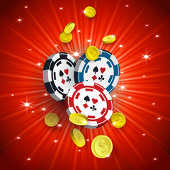 Casino banner, poster design with chips, tokens and falling golden coins on red background, vector illustration. Casino, gambling chips tokens and falling golden coins, banner, poster, postcard design