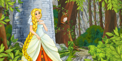 cartoon scene with princess in the forest near the castle tower - illustration for children