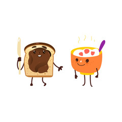 Funny breakfast characters - bowl of oatmeal and toast with chocolate spread, cartoon vector illustration isolated on white background. Funny bowl of oats, rice and toast with chocolate characters
