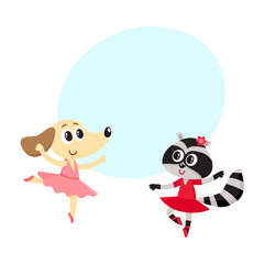 Cute little dog and raccoon, puppy and kitten characters dancing ballet together, cartoon vector illustration with space for text. Little raccoon and dog ballet dancers, ballerinas