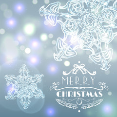 Fototapeta na wymiar Christmas card with snowflakes on bokeh background