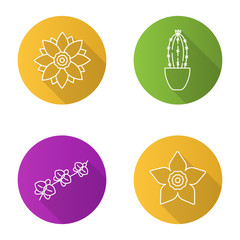 Flowers flat linear long shadow icons set