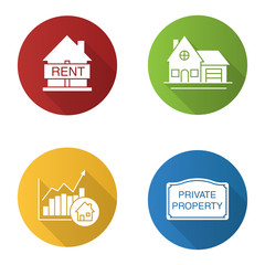 Real estate market flat design long shadow glyph icons set